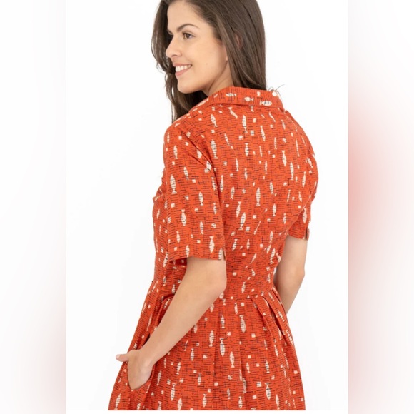 SEASALT CHARLOTTE ORANGE FISH SHORT SLEEVE MIDI FIT & FLARE DRESS size 6 - Picture 2 of 11